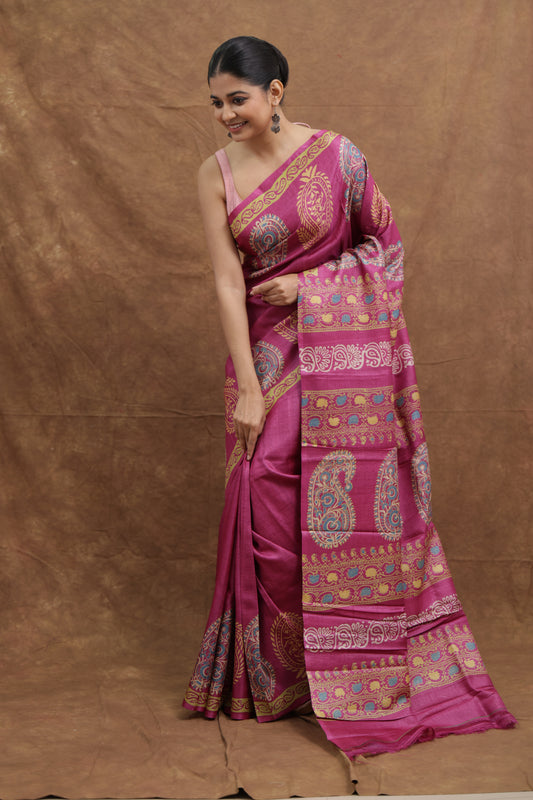Fuchsia Pink Handloom Cotton Saree with Traditional Paisley Motifs