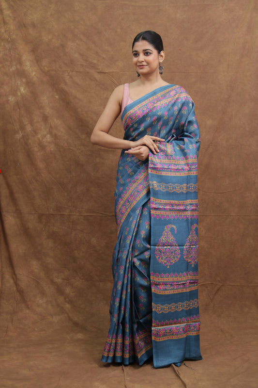 Teal Blue Handloom Cotton Saree with Traditional Paisley Motifs