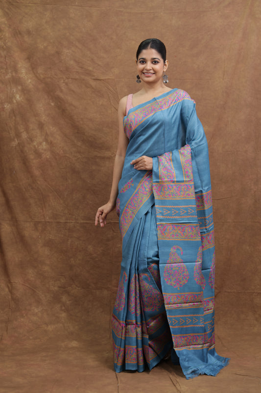 Teal Blue Batik Tussar Saree with Traditional Paisley Border