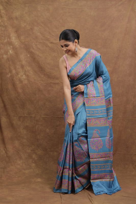 Teal Blue Batik Tussar Saree with Traditional Paisley Border