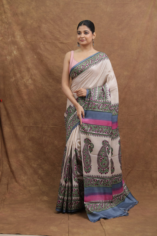 Ivory Tussar Print Saree with Nature-Inspired Artistic Motifs