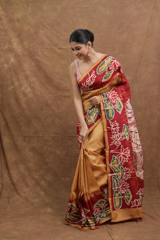 Crimson Red & Mustard Batik Silk Saree with Handcrafted Floral Art