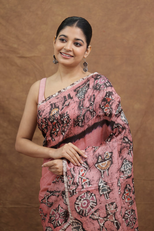 Blush Pink Batik Tussar Saree with Handcrafted Tribal Art Print