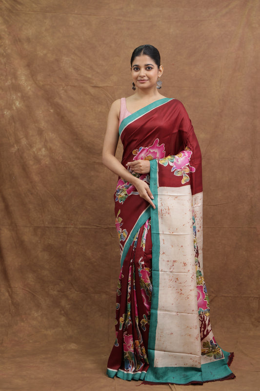 Crimson Red Batik Silk Saree with Handcrafted Floral Print
