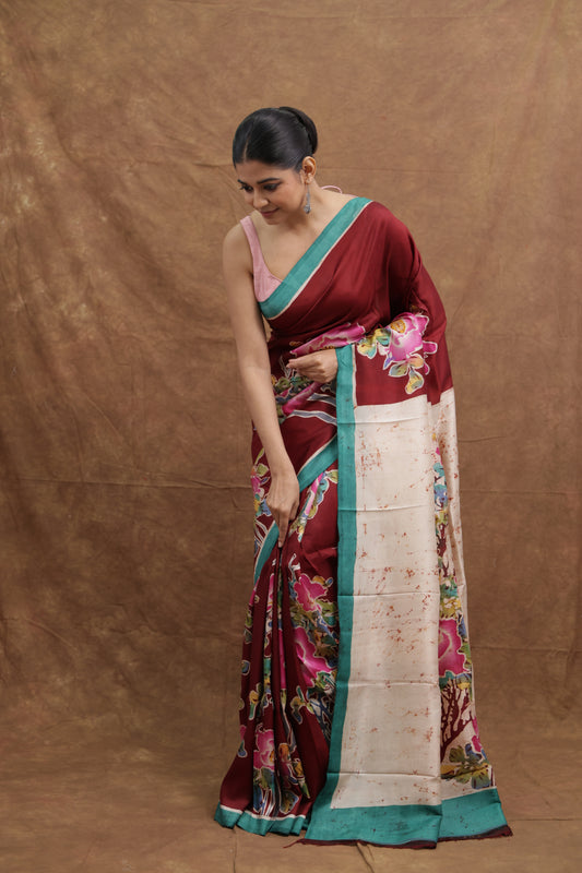 Crimson Red Batik Silk Saree with Handcrafted Floral Print