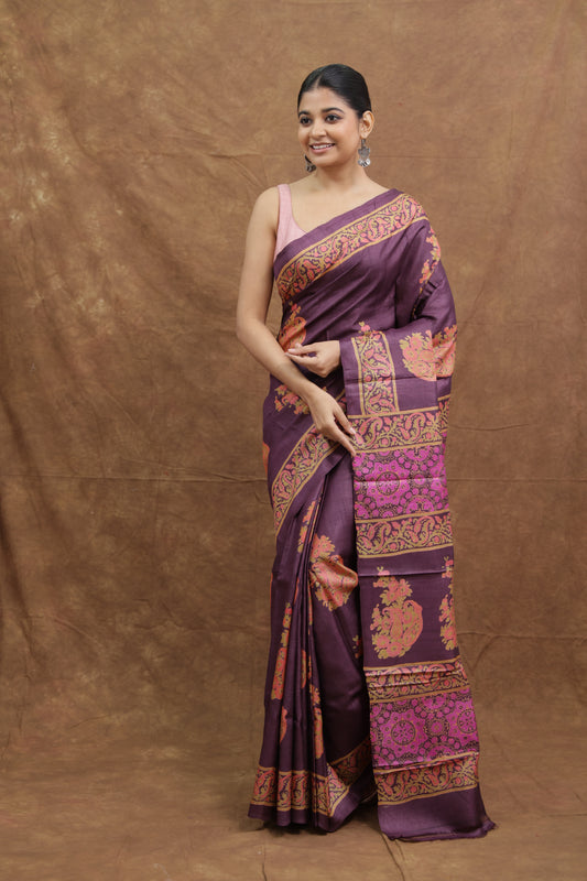 Royal Purple Batik Tussar Saree with Traditional Paisley Art