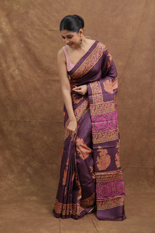 Royal Purple Batik Tussar Saree with Traditional Paisley Art