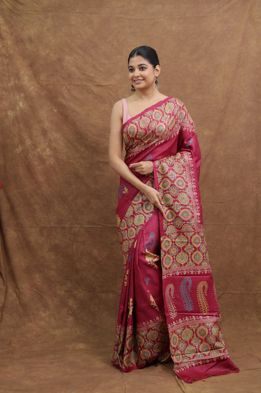 Fuchsia Pink Batik Tussar Saree with Traditional Paisley Motifs