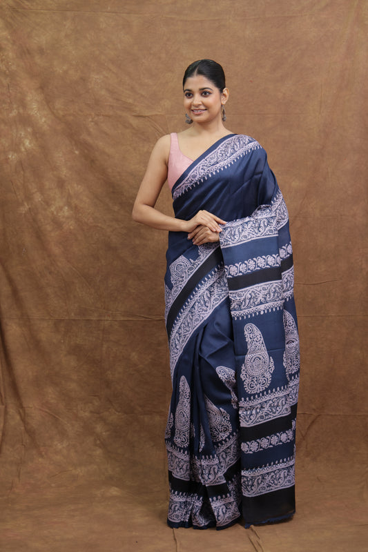 Navy Blue Batik Tussar Saree with Traditional Paisley Motifs