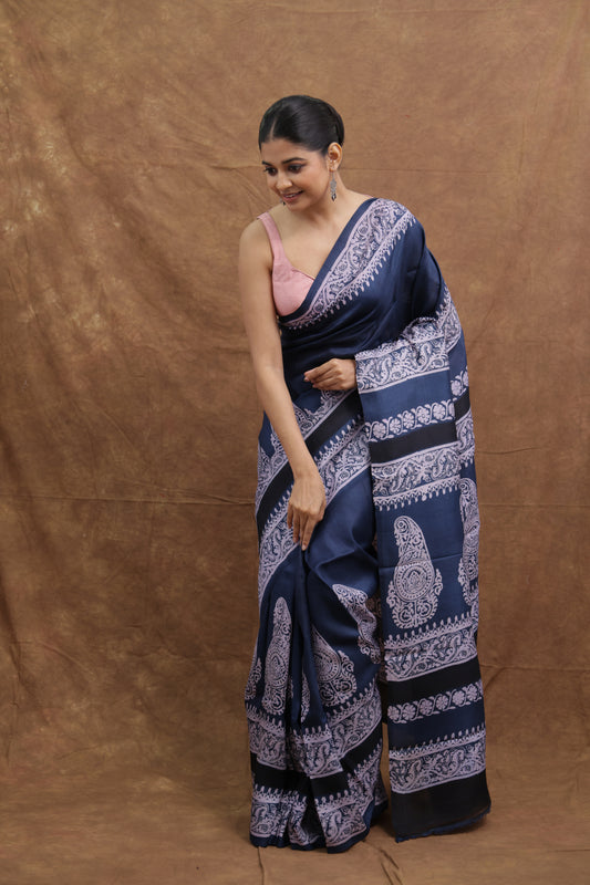Navy Blue Batik Tussar Saree with Traditional Paisley Motifs