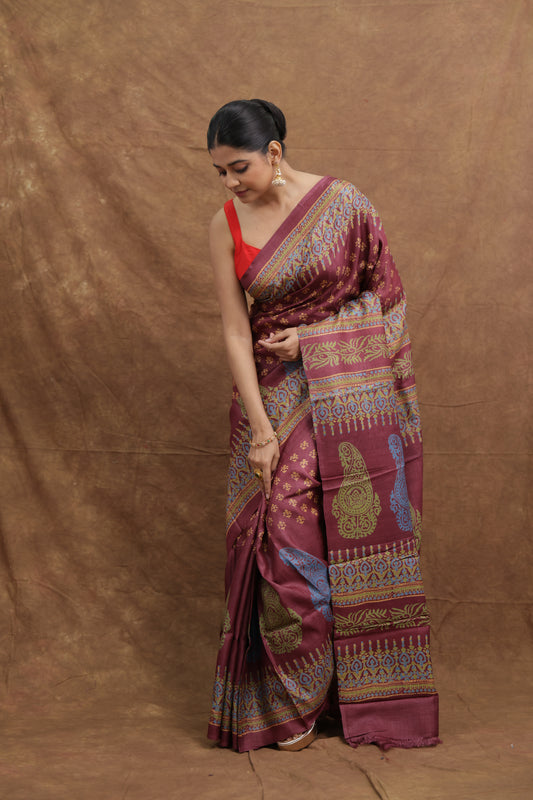Wine Purple Tussar Print Saree with Traditional Paisley Motifs