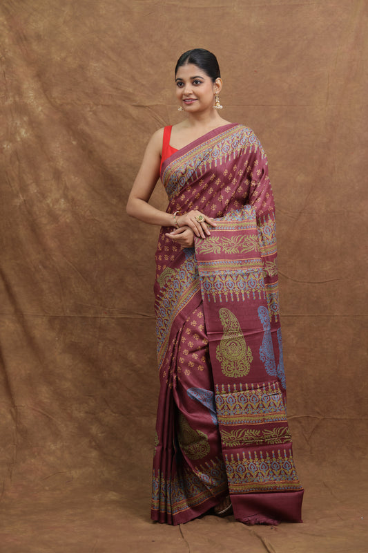 Wine Purple Tussar Print Saree with Traditional Paisley Motifs