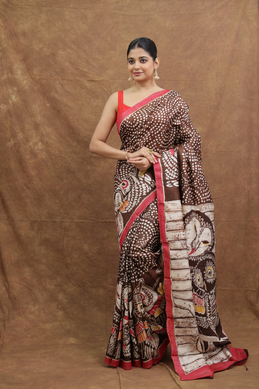 Black & Ivory Batik Silk Saree with Handcrafted Nature-Inspired Art