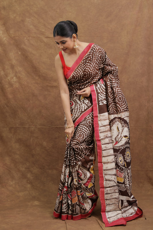 Black & Ivory Batik Silk Saree with Handcrafted Nature-Inspired Art