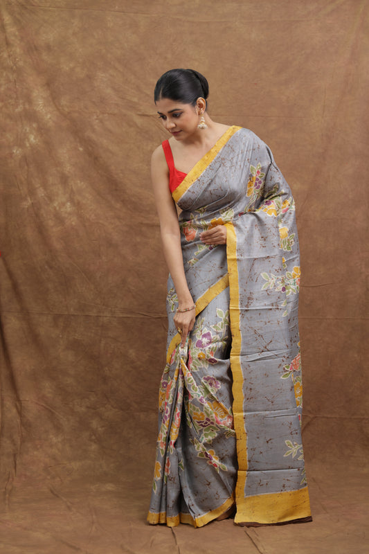 Grey Batik Tussar Saree with Floral Nature-Inspired Print