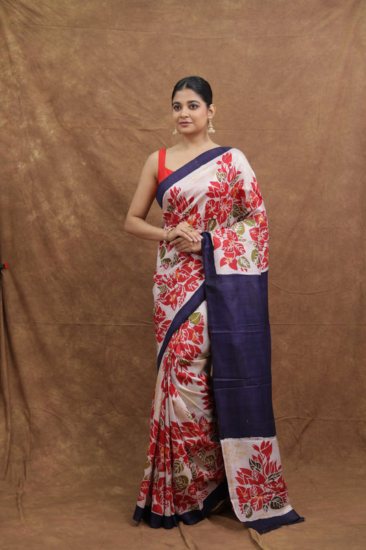 Ivory & Navy Blue Batik Silk Saree with Floral Handcrafted Art