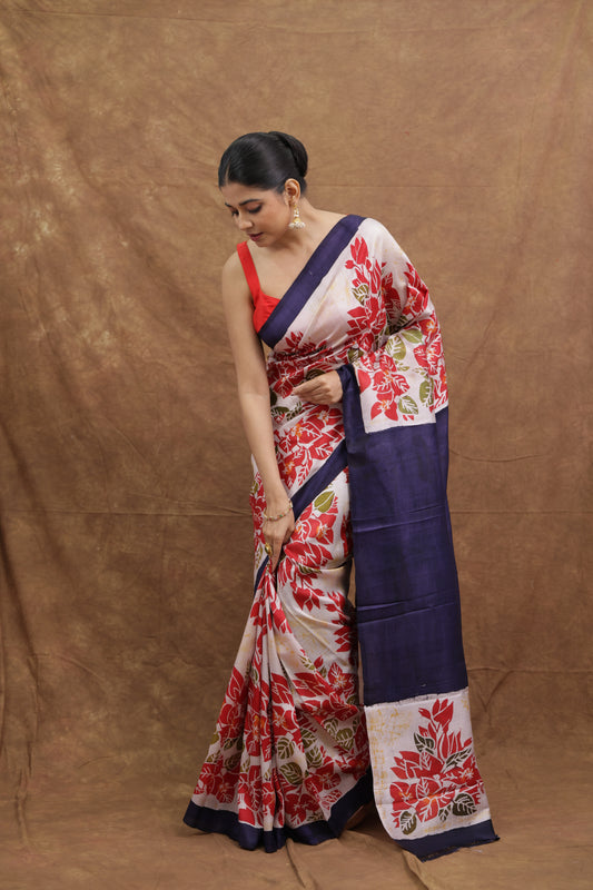 Ivory & Navy Blue Batik Silk Saree with Floral Handcrafted Art