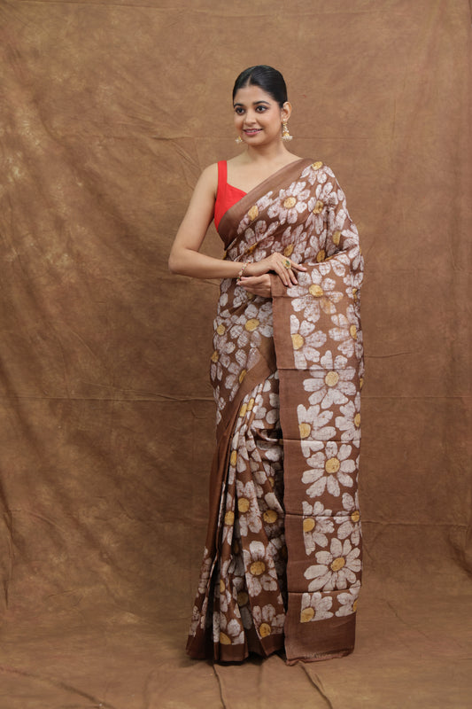 Chocolate Brown Batik Tussar Saree with Handcrafted Floral Print