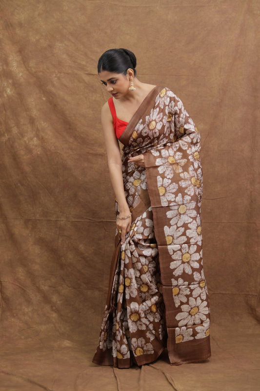 Chocolate Brown Batik Tussar Saree with Handcrafted Floral Print