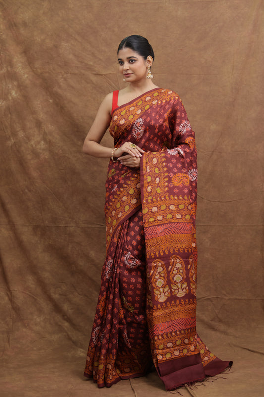 Maroon Batik Tussar Saree with Traditional Paisley Motifs