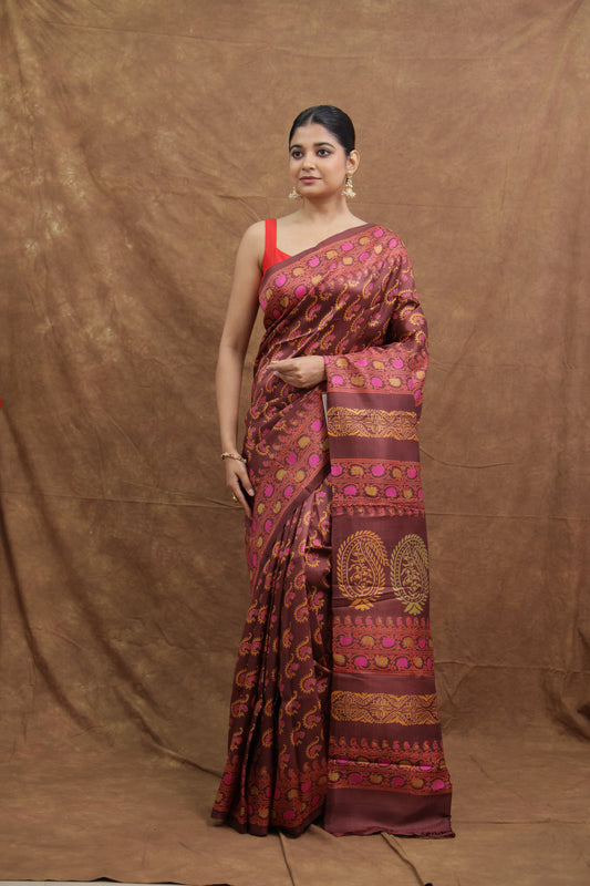Wine & Magenta Batik Silk Saree with Paisley Printed Pallu
