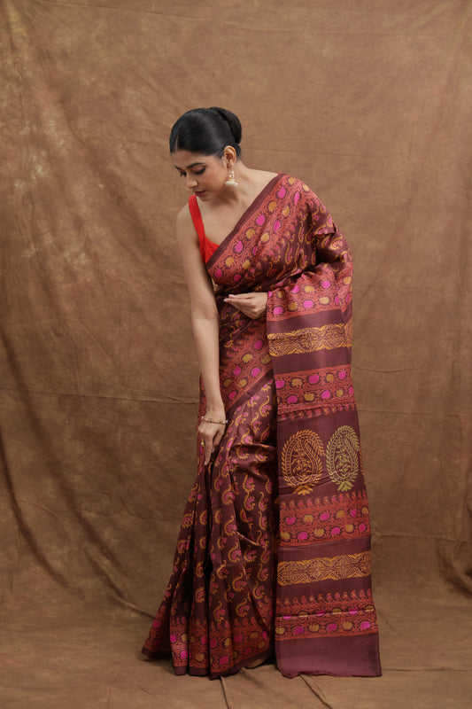Wine & Magenta Batik Silk Saree with Paisley Printed Pallu
