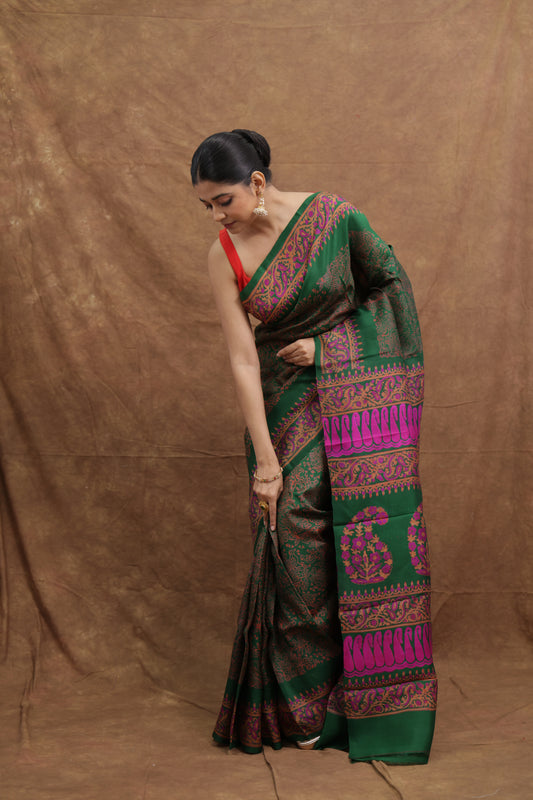 Handcrafted Green & Black Batik Block Print Tussar Silk Saree with Magenta Pallu