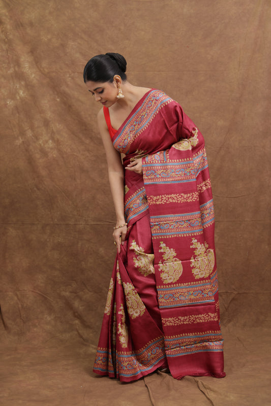 Rose Pink Batik Silk Saree with Traditional Elephant Motif Pallu
