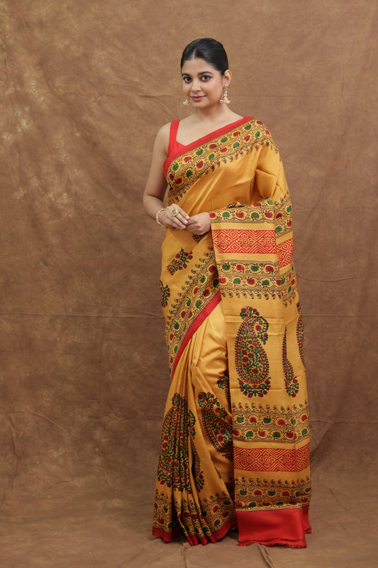 Mustard Yellow Batik Silk Saree with Peacock Motif Pallu