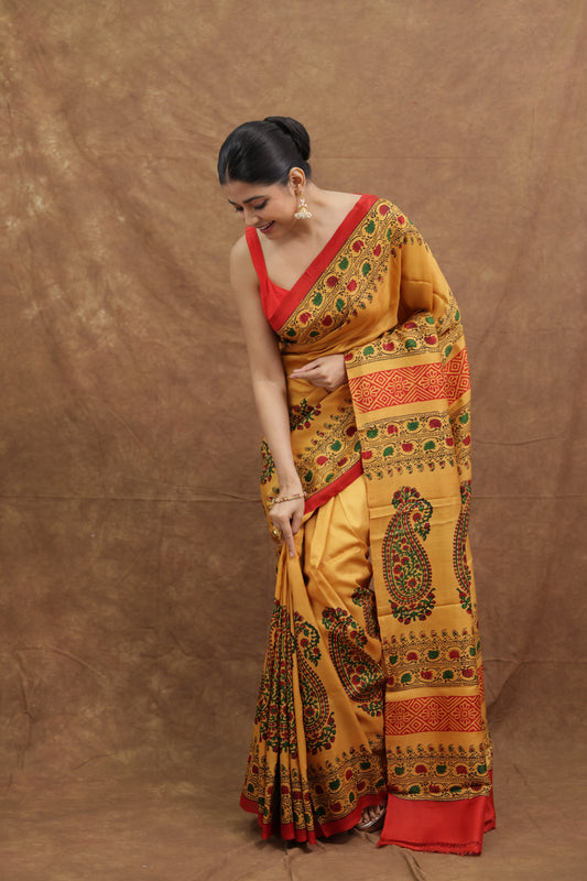 Mustard Yellow Batik Silk Saree with Peacock Motif Pallu
