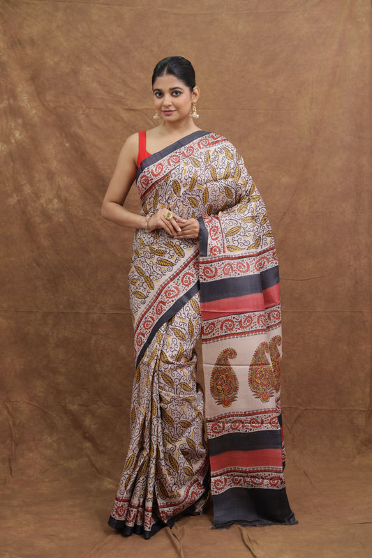 Ivory Batik Tasar Print Saree with Black Border & Paisley Pallu