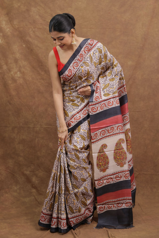 Ivory Batik Tasar Print Saree with Black Border & Paisley Pallu