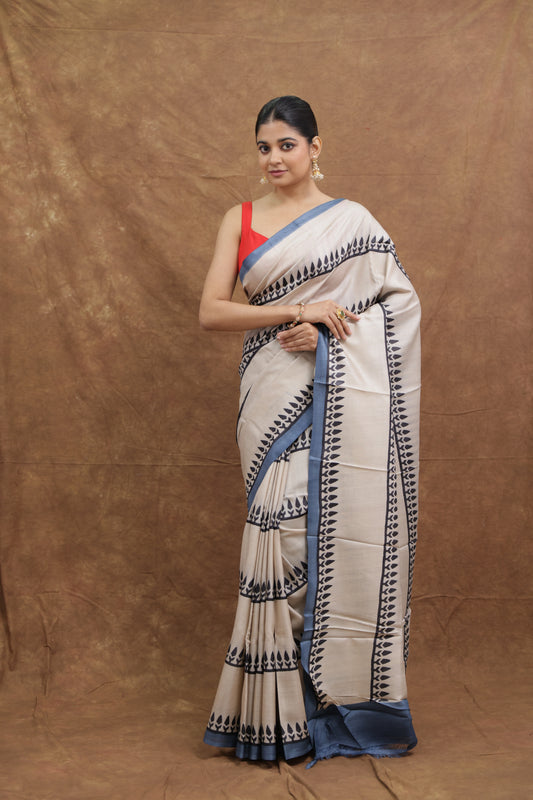 Ivory Batik Silk Saree with Royal Blue Border & Floral Motifs