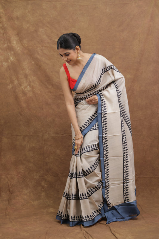 Handcrafted Natural Beige Batik Tasar Saree with Tribal Stripe Motifs