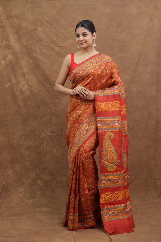 Sunset Orange Batik Silk Saree with Paisley Motif Pallu