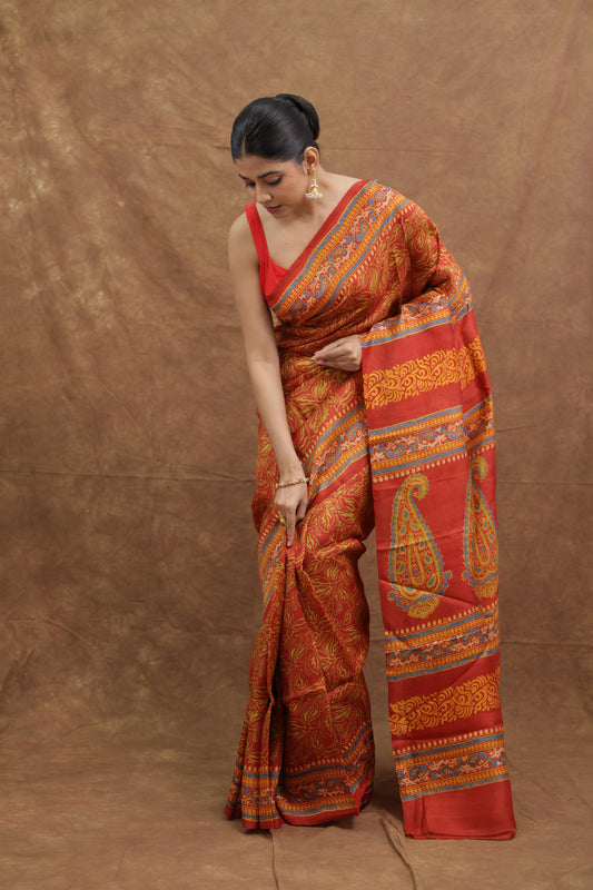 Sunset Orange Batik Silk Saree with Paisley Motif Pallu