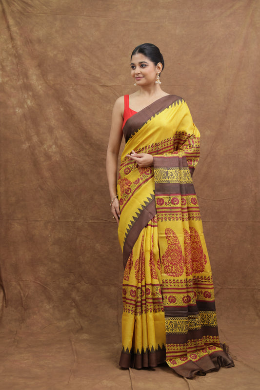 Mustard Yellow Batik Tussar Saree with Artistic Patchwork Pallu