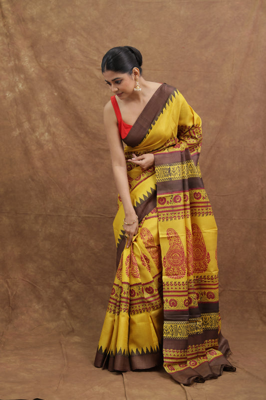Mustard Yellow Batik Tussar Saree with Artistic Patchwork Pallu