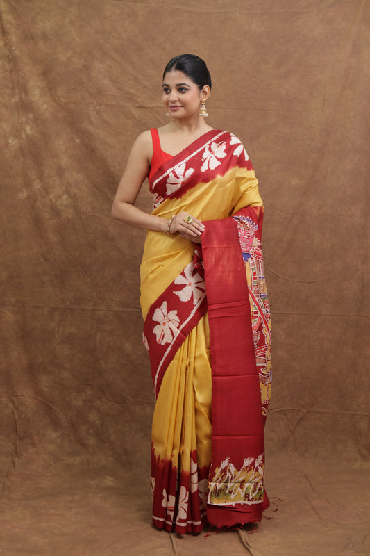 Crimson Red Batik Tussar Saree with Krishna Motif Pallu