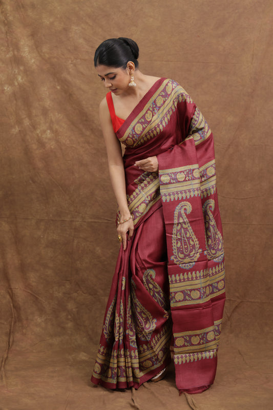 Dusty Rose Batik Tussar Saree with Paisley Motif Border