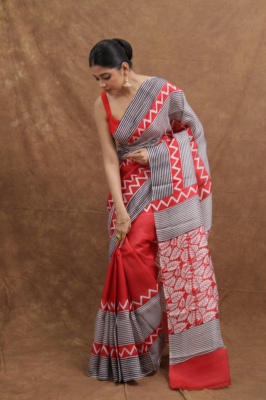 Ruby Red Garad Silk Saree with Black & Ivory Woven Border