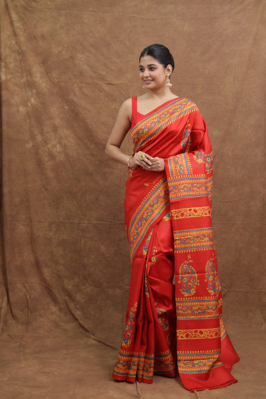 Vermilion Red Batik Silk Saree with Traditional Paisley Pallu