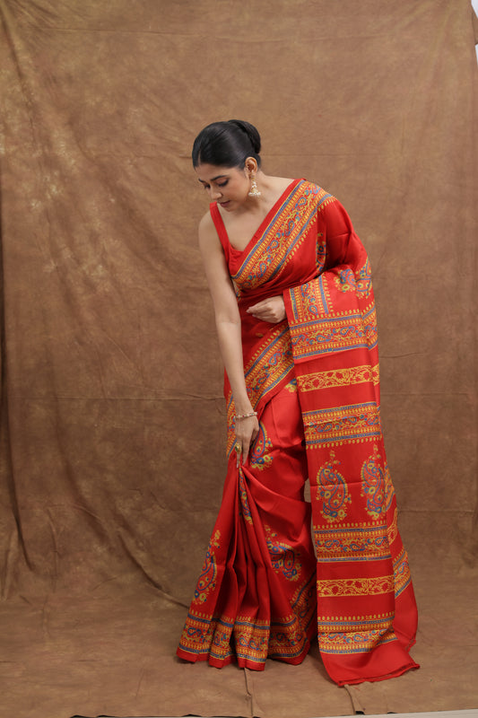 Vermilion Red Batik Silk Saree with Traditional Paisley Pallu