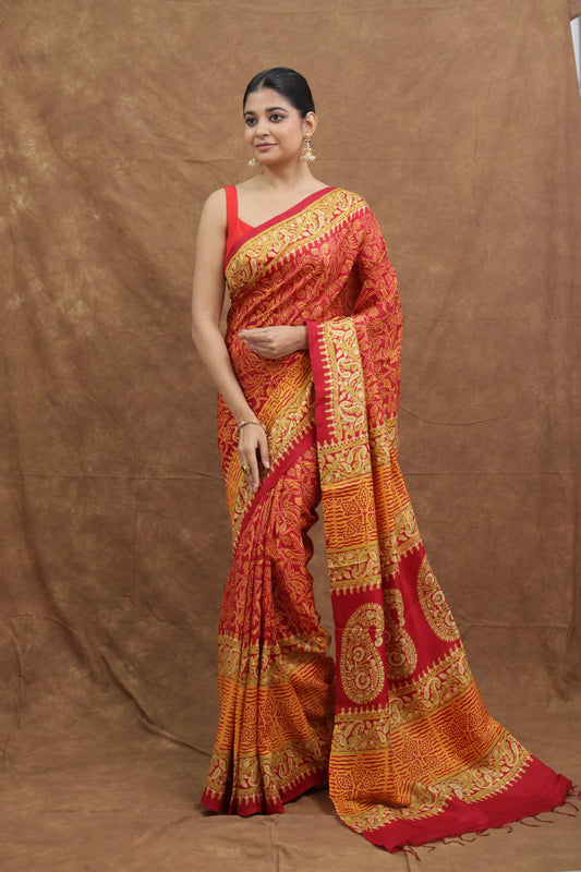 Crimson Red Batik Silk Saree with Mustard Paisley Pallu