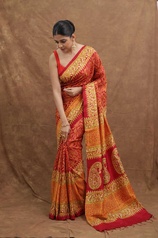 Crimson Red Batik Silk Saree with Mustard Paisley Pallu