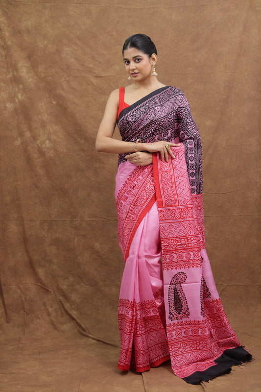 Blush Pink Batik Silk Saree with Black Contrast Pallu & Paisley Motifs