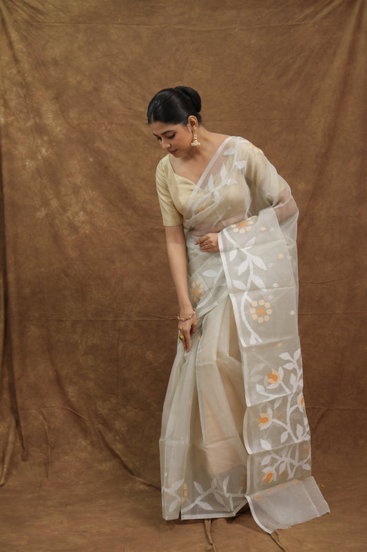 Ivory Handwoven Jamdani Muslin Saree with Floral Woven Motifs