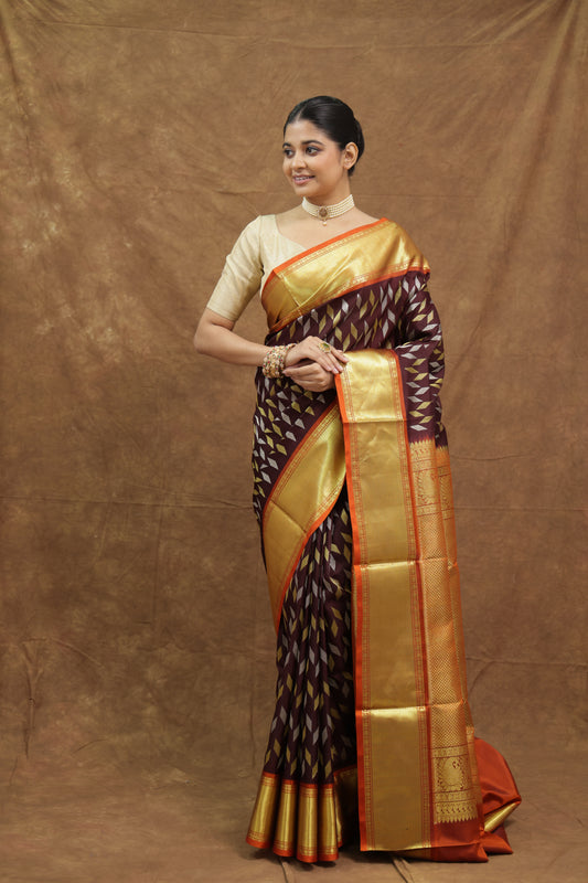 Deep Plum Venkatgiri Silk Saree with Golden Border & Mustard Pallu