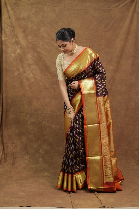 Deep Plum Venkatgiri Silk Saree with Golden Border & Mustard Pallu