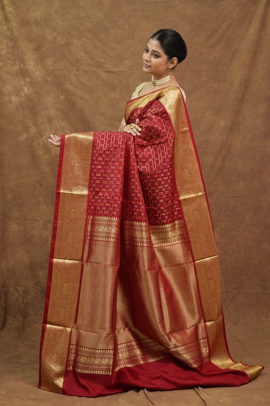 Ruby Red Venkatgiri Silk Saree with Golden Border & Rich Pallu